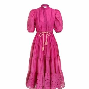 Zimmermann Magenta Eyelet Puff-Sleeve Tiered Midi Dress